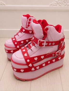 YRU Pink and Red Platform Shoes with Studded Straps